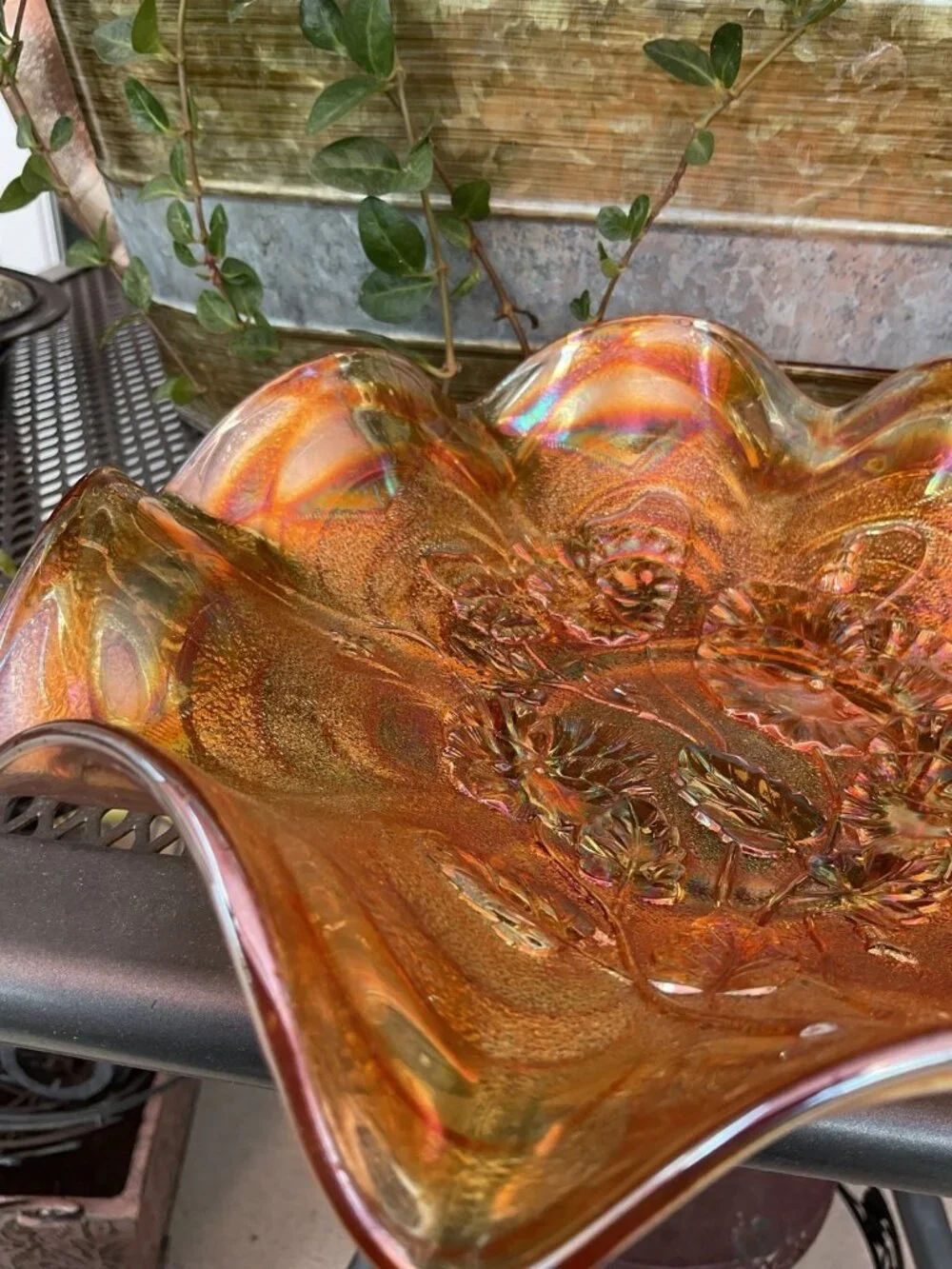 Vintage Fenton Orange Tree Marigold Carnival Ruffeled Bowl Iridescent Gold